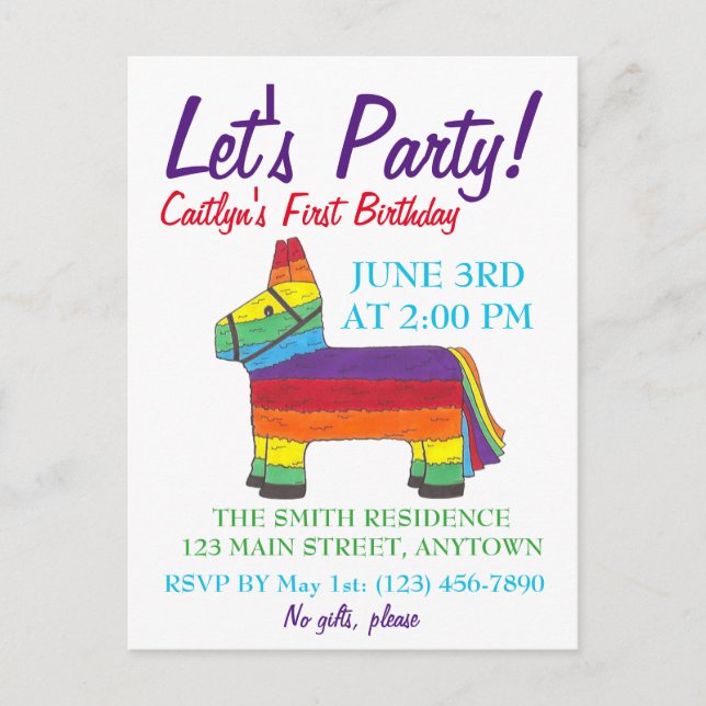 Postal De Invitación Fiesta Piñata, cumpleaños del burro arcoiris Fiest (Anverso)