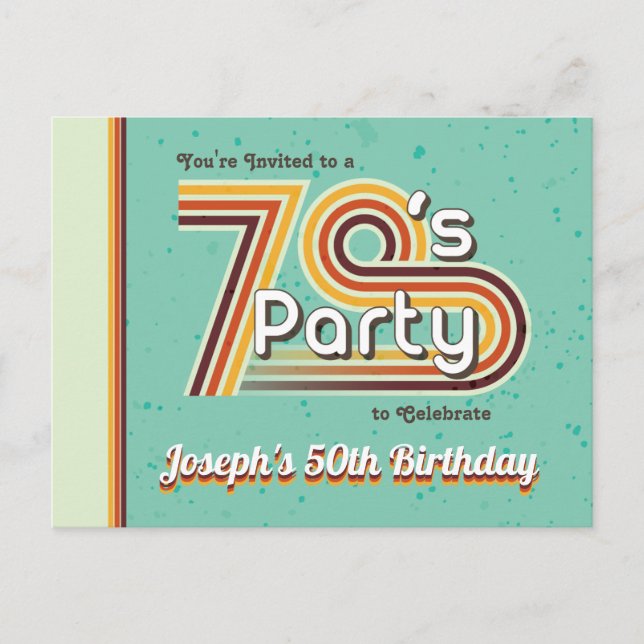 Postal De Invitación Fiesta Retro de Rayas de los 70 (Anverso)