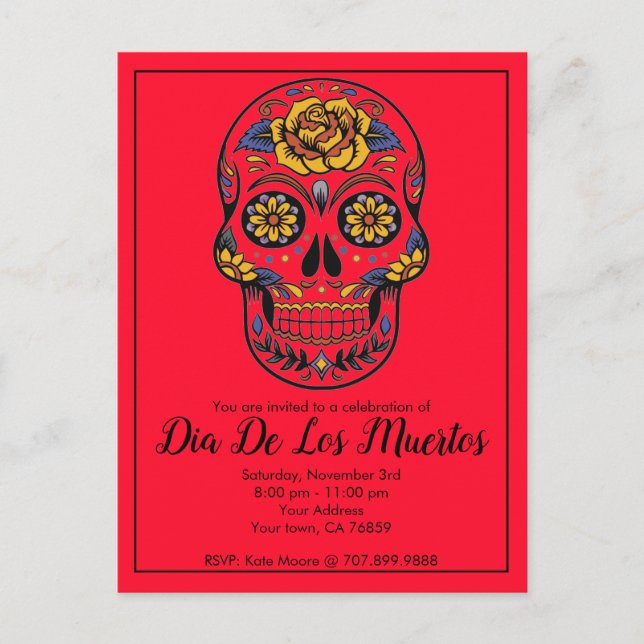 Postal De Invitación Fiesta Rojo de la Calavera de Azúcar (Anverso)