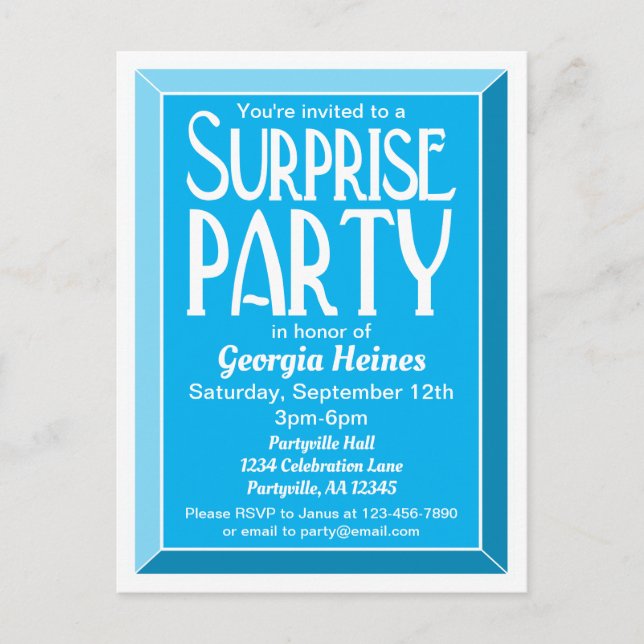 Postal De Invitación Fiesta sorpresa de cumpleaños biselado en azul Art (Anverso)