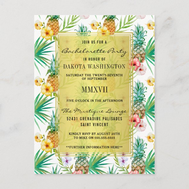 Postal De Invitación Fiesta Tropical de Piña e Hibiscus Bachelorette (Anverso)