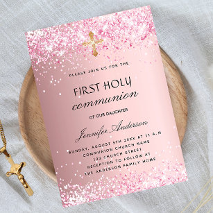 Postal De Invitación First communion blush pink glitter girl