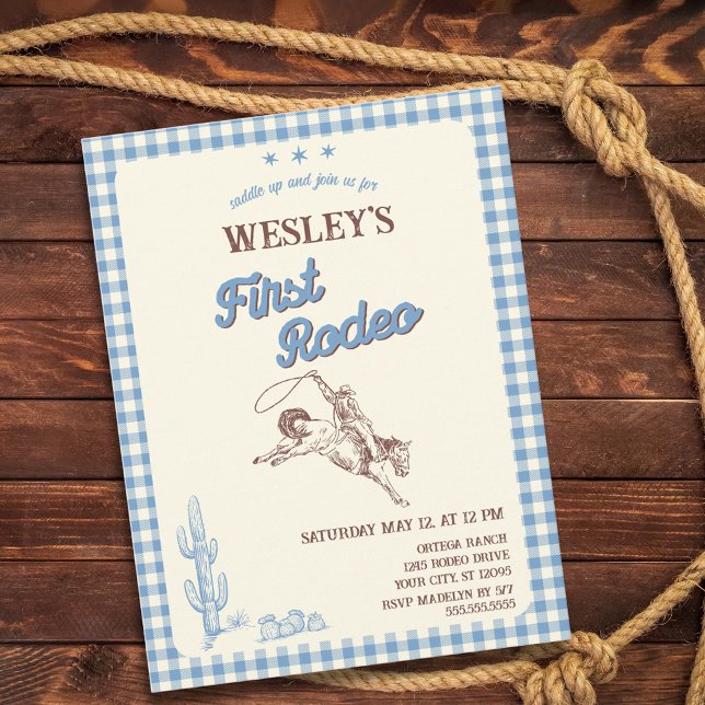 Postal De Invitación First Rodeo Blue Plaid 1st Birthday (First Rodeo Blue Plaid 1st Birthday Invitation Postcard)
