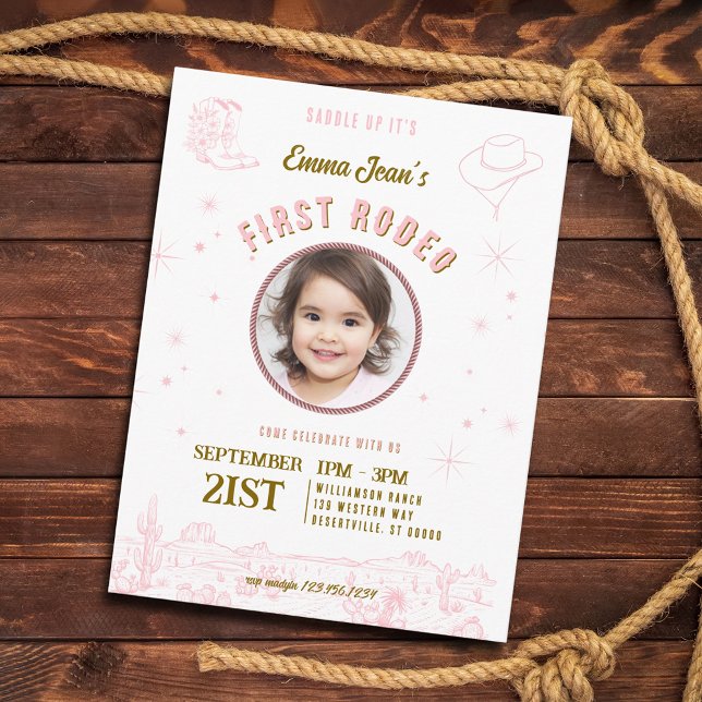 Postal De Invitación First Rodeo Pink Cowgirl First Birthday (First Rodeo Pink Cowgirl First Birthday Invitation Postcard)