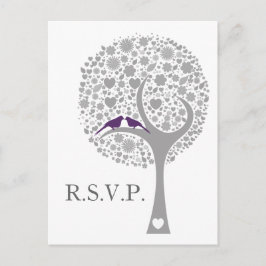 Postal De Invitación flamante árbol púrpura púrpura lovebirds mod boda