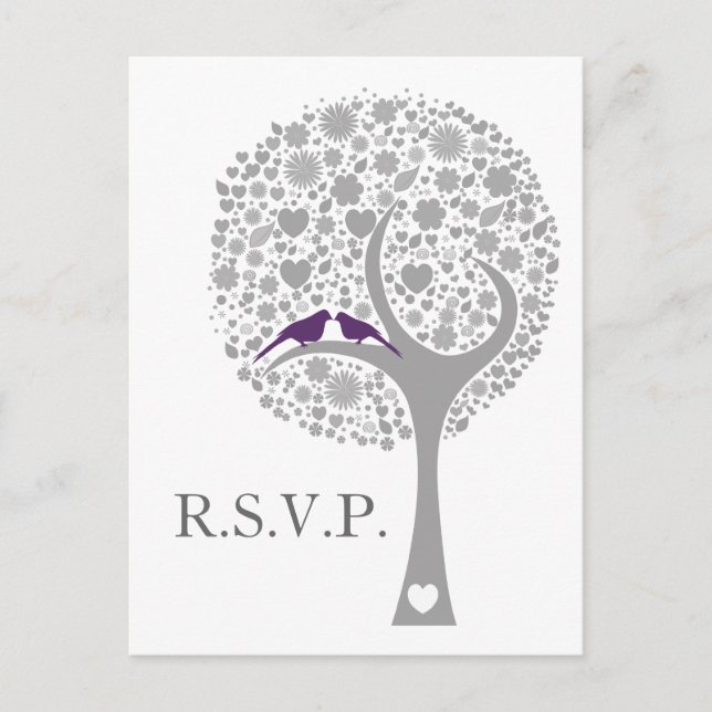 Postal De Invitación flamante árbol púrpura púrpura lovebirds mod boda  (Anverso)