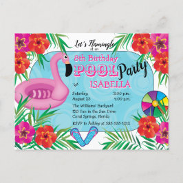 Postal De Invitación Flamingle Floral rosa 8º Fiesta de la piscina de c