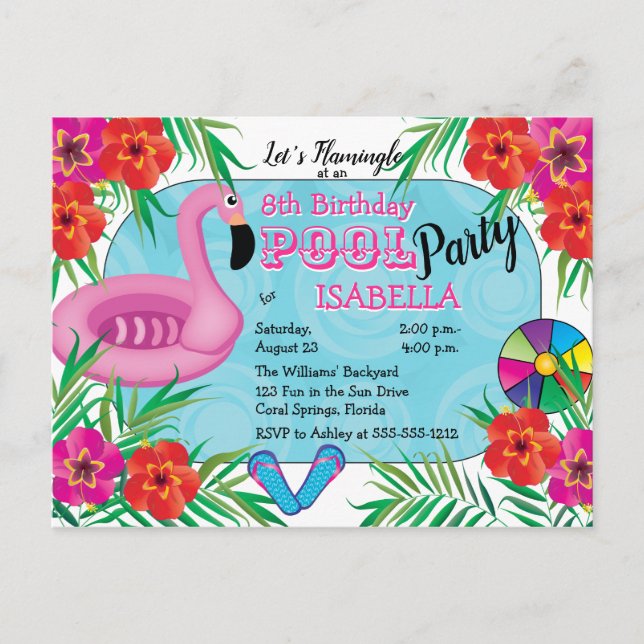 Postal De Invitación Flamingle Floral rosa 8º Fiesta de la piscina de c (Anverso)