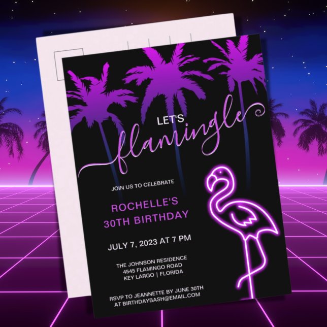 Postal De Invitación Flamingle Neon Flamingo rosado con 30 años I (Subido por el creador)