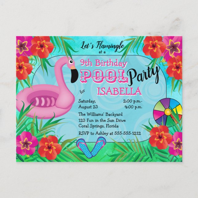 Postal De Invitación Flamingle Pink Floral 12th Birthday Pool Fiesta (Anverso)