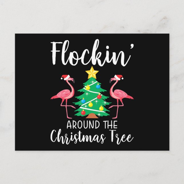 Postal De Invitación Flamingo | Flockin Alrededor Del Árbol De Navidad  (Anverso)