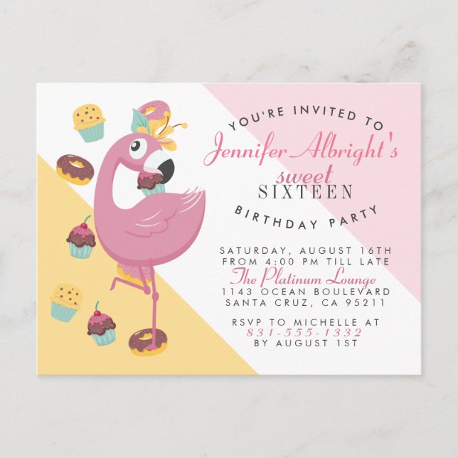 Postal De Invitación Flamingo, pasteles y bollos dulces 16 Fiestas (Anverso)