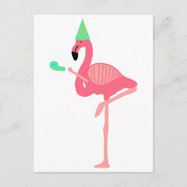 Postal De Invitación Flamingo Rosa Funky Con Gorra Fiesta (Anverso)
