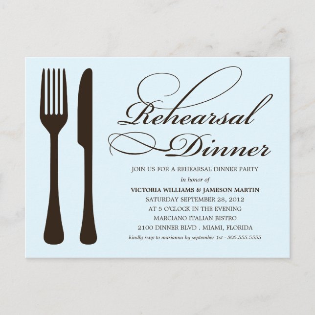 POSTAL DE INVITACIÓN FLATWITTER AZUL Y NEGRO | REHEARSAL DINNER INVITE (Anverso)