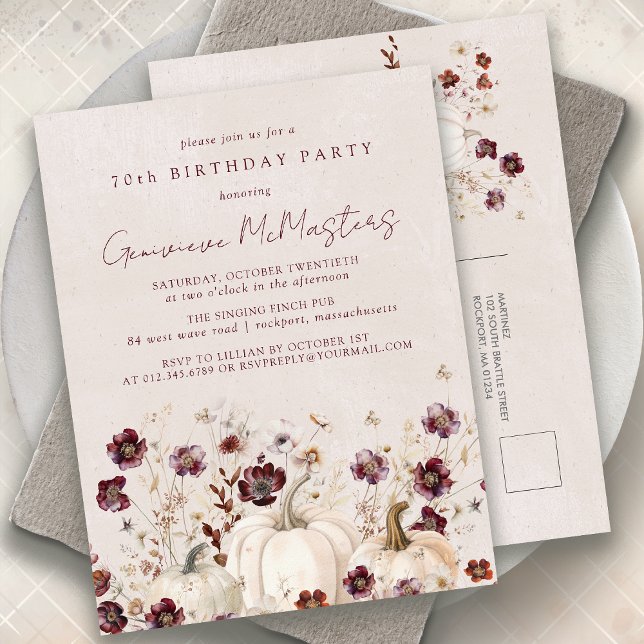 Postal De Invitación Flor blanca de calabaza borgoña 70 cumpleaños (Subido por el creador)