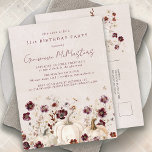 Postal De Invitación Flor blanca de calabaza borgoña cumpleaños 21<br><div class="desc">Las elegantes calabazas blancas están enclavadas en flores de color burdeos y blanco.</div>