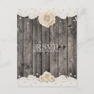 Postal De Invitación Flor Blanca Romántica & Perlas Madera Rústica RSVP