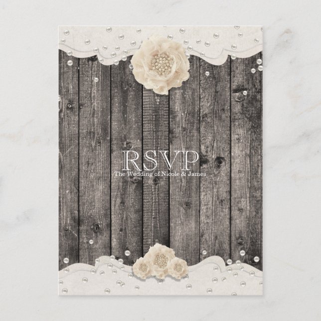 Postal De Invitación Flor blanca romántica y perlas Rustic Wood RSVP (Anverso)