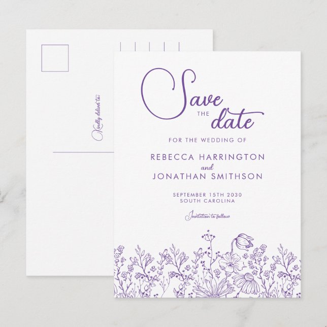 Postal De Invitación Flor Floral Boda Lilac Salvar La Fecha (Anverso / Reverso)