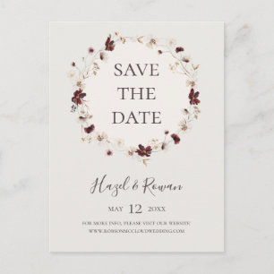 Postal De Invitación Flor Silvestre Burdeos Cobre Beige Save The Date