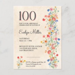 Postal De Invitación Floral 100 cumpleaños - Flores salvajes elegantes