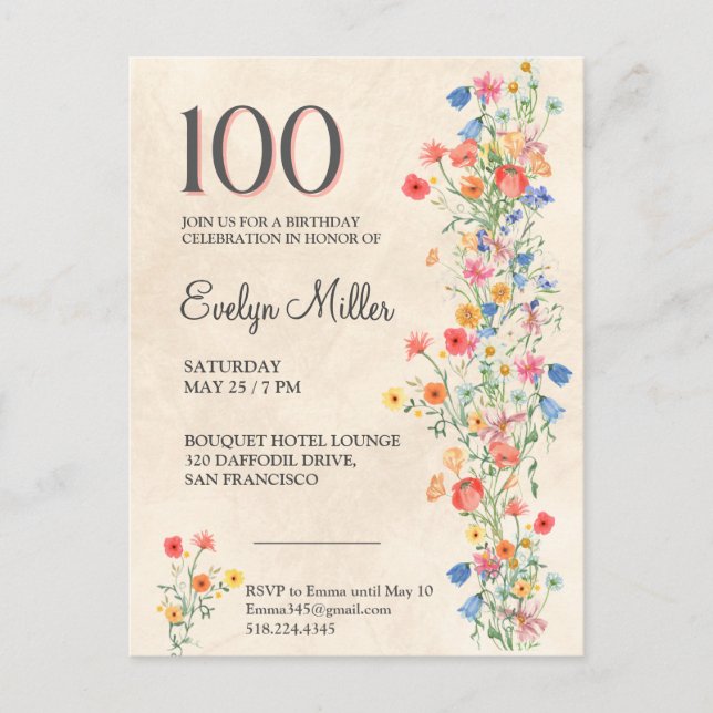 Postal De Invitación Floral 100 cumpleaños - Flores salvajes elegantes (Anverso)