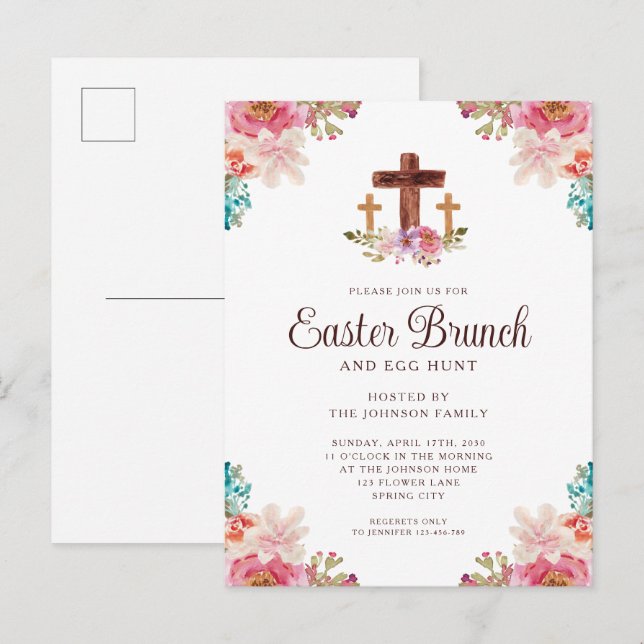 Postal De Invitación Floral acuarela Religiosa Cruce Brunch de Pascua (Anverso / Reverso)