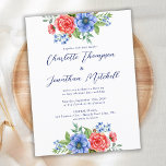 Postal De Invitación Floral azul blanco rojo 4 de julio Boda patriótico<br><div class="desc">Estas elegantes y modernas invitaciones a bodas patrióticas cuentan con hermosas flores acuáticas en tonos rojos, blancos y azules, lo que las convierte en la elección perfecta para bodas militares o bodas del 4 de julio. El diseño es a la vez patriótico y floral, logrando un perfecto equilibrio entre los...</div>