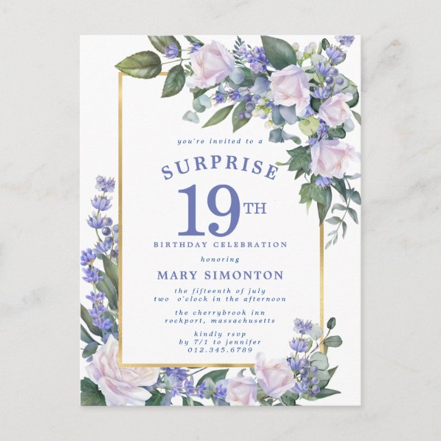 Postal De Invitación Floral azul de oro blanco 19 cumpleaños sorpresa (Anverso)