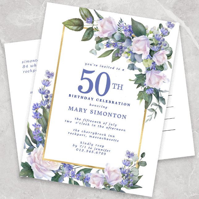 Postal De Invitación Floral azul de oro blanco 50 cumpleaños (Subido por el creador)