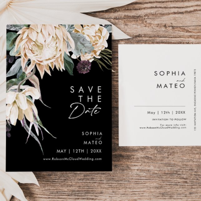 Postal De Invitación Floral blanca | Black Save the Date Postcard (Subido por el creador)