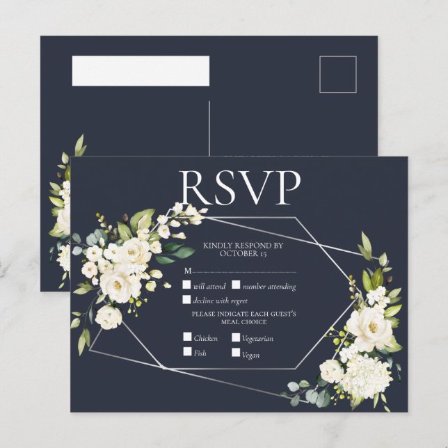 Postal De Invitación Floral blanca geométrica plateada RSVP (Anverso / Reverso)