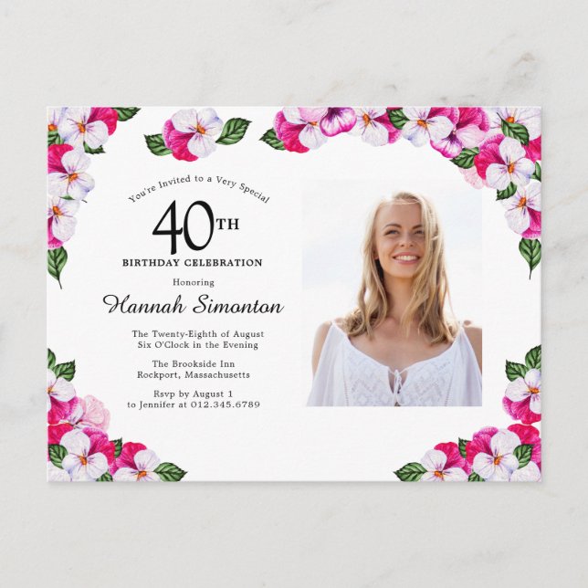 Postal De Invitación Floral blanca rosa 40 cumpleaños (Anverso)