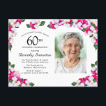 Postal De Invitación Floral blanca rosa 60 cumpleaños<br><div class="desc">Hermosas pansias rosas y blancas enclavadas en hojas de color verde oscuro. Celebración del 60 cumpleaños y el nombre de la persona está escrito en un texto grande. Hay más espacio en la parte posterior de la postal para enviar un mensaje especial a los clientes. Todo el texto se puede...</div>