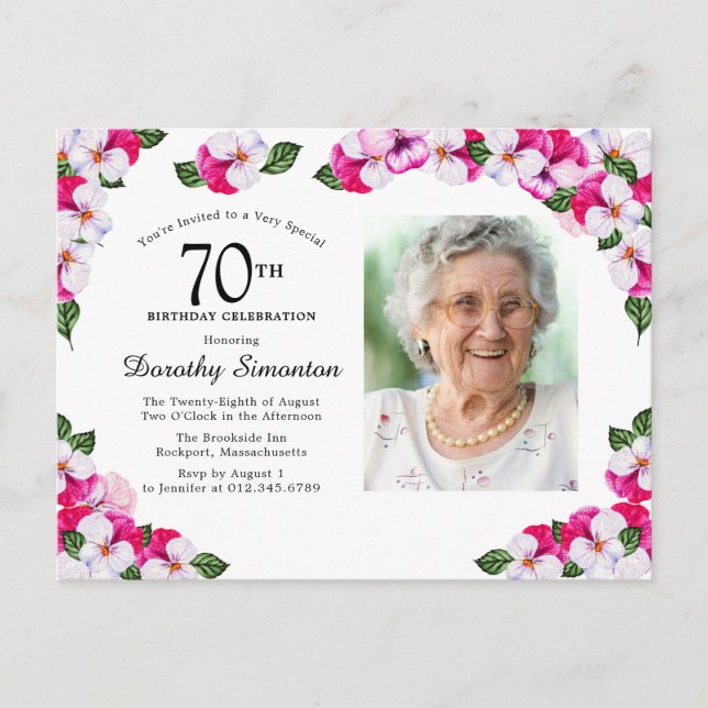 Postal De Invitación Floral blanca rosa 70 cumpleaños (Anverso)