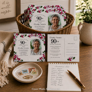 Postal De Invitación Floral blanca rosa 90 cumpleaños