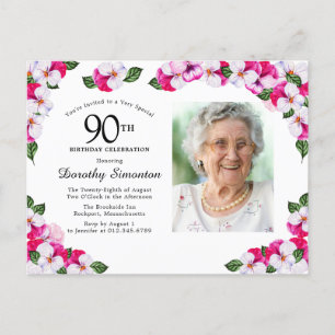 Postal De Invitación Floral blanca rosa 90 cumpleaños