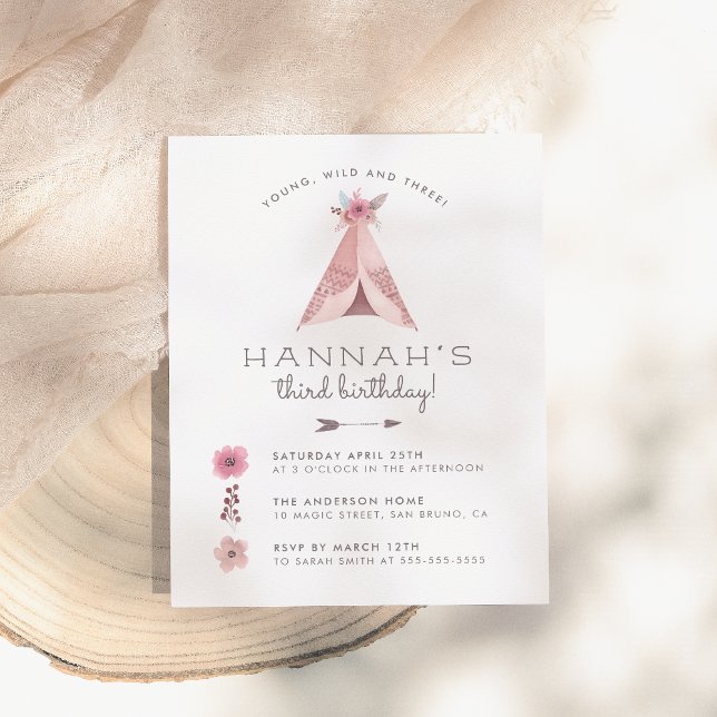 Postal De Invitación Floral Bohemian Teepee Young Wild & Three Birday (Subido por el creador)