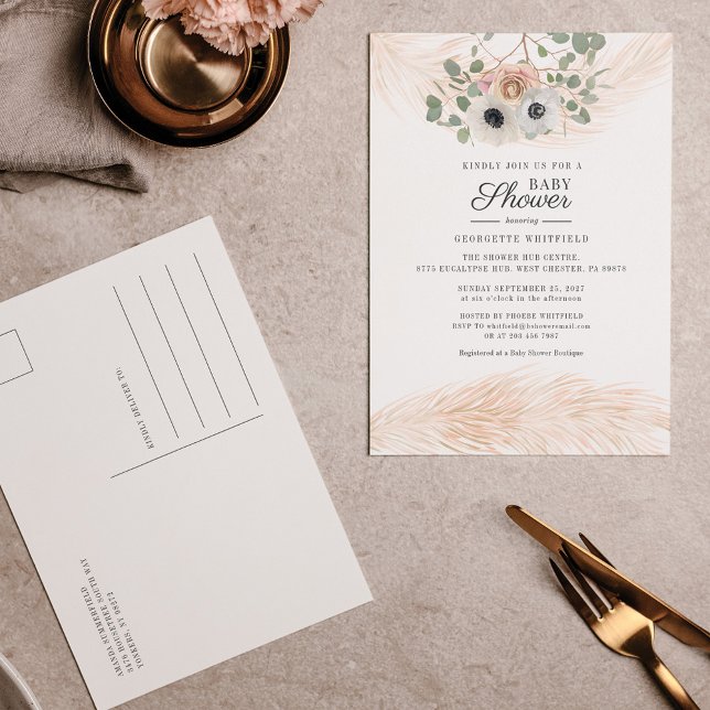 Postal De Invitación Floral Boho Pampas Grass Moderno Chica Baby Shower (Subido por el creador)