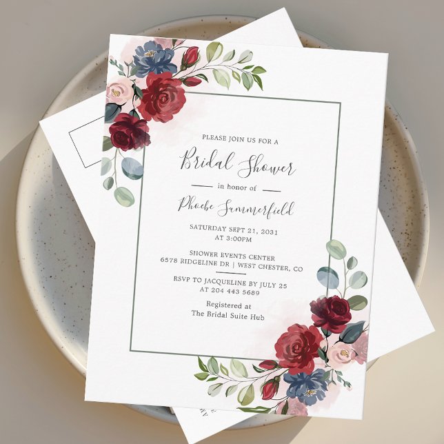 Postal De Invitación Floral Borgoña Script Eucalyptus Bridal Shower (Watercolor Floral Burgundy Bridal Shower Invitation Postcard)