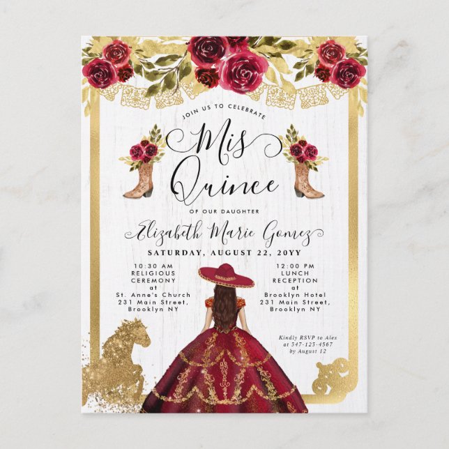 Postal De Invitación Floral Burgundy Gold Charra Princesa Quinceanera (Anverso)