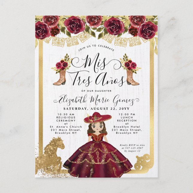 Postal De Invitación Floral Burgundy Gold Mini Princesa Quinceanera (Anverso)