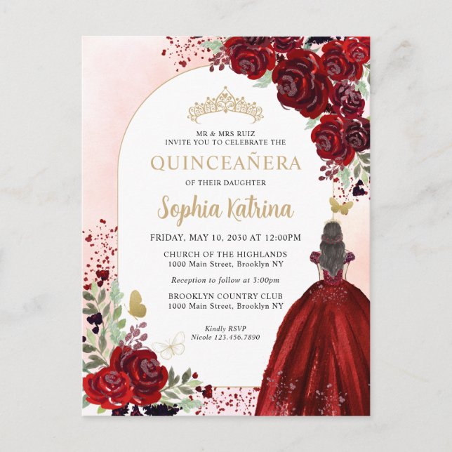 Postal De Invitación Floral Burgundy Gold Princess Birthday Quinceanera (Anverso)