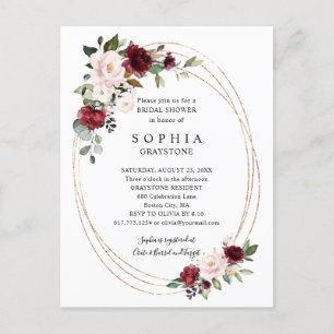 Postal De Invitación Floral Burgundy Gold Resumen ducha de novia
