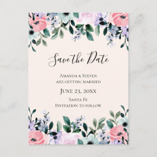 Postal De Invitación Floral color de agua rosa y púrpura salva la fecha