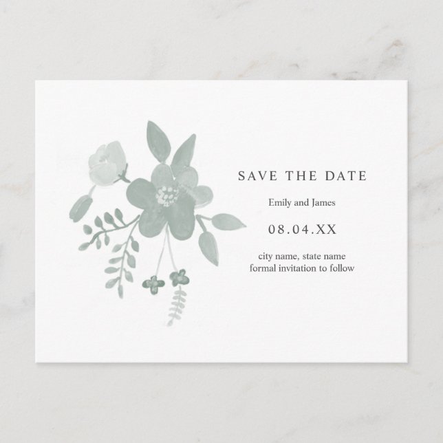 Postal De Invitación Floral de acuarela verde simple salva la fecha (Anverso)