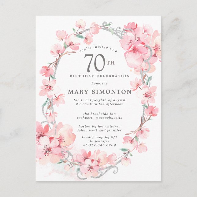 Postal De Invitación Floral de cerezo rosa Rubor 70 cumpleaños (Anverso)
