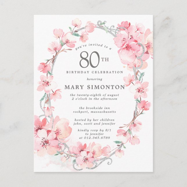 Postal De Invitación Floral de cerezo rosa Rubor 80 cumpleaños (Anverso)