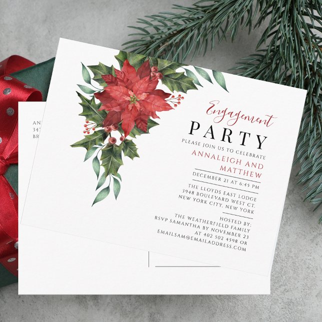 Postal De Invitación Floral de fiesta de compromiso de feriado de navid (Christmas Holiday Engagement Party Floral Invitation Postcard)