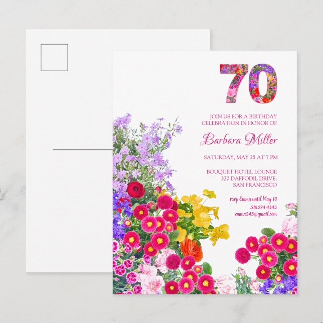 postal de invitación floral de la fiesta de cumple (Anverso / Reverso)